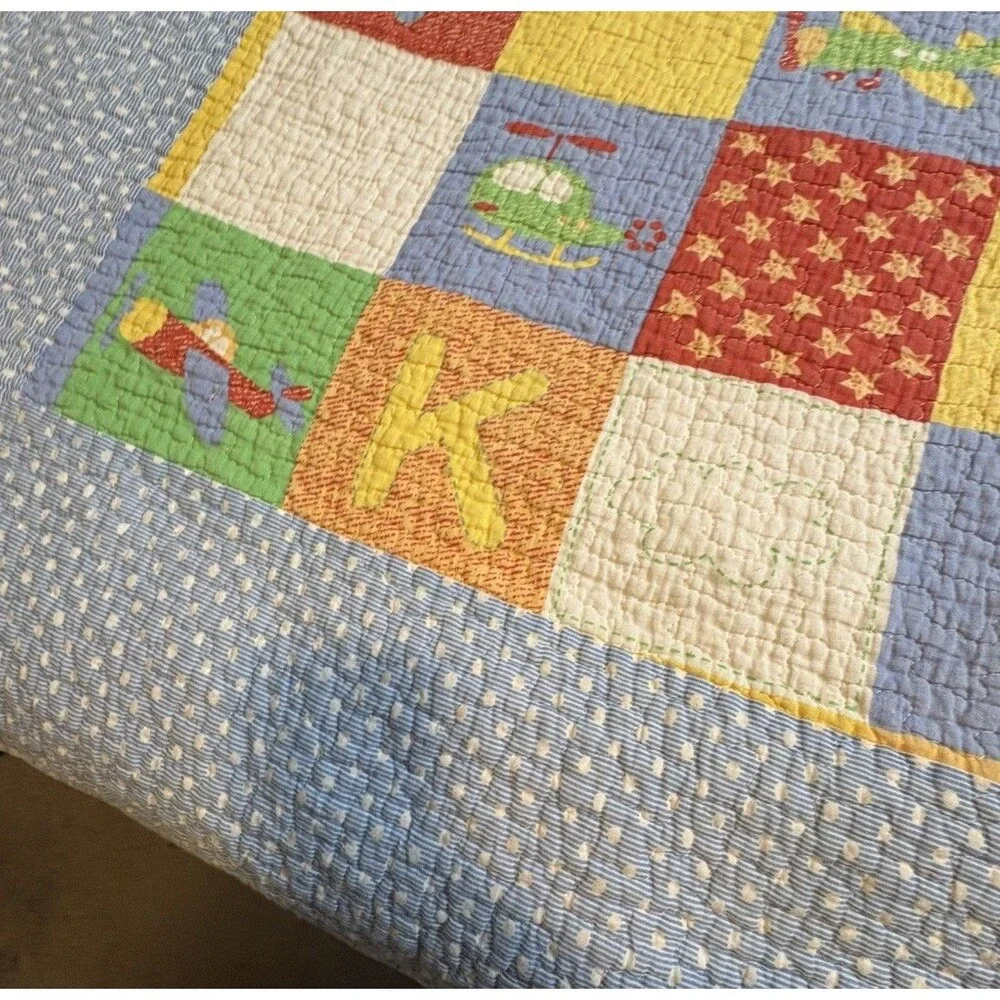Quilt Airplane Sky Helicopter Blue Green Checkered Back Flaw 68”79” Twin